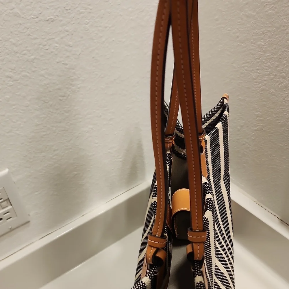 Tory Burch Striped Ella Tan and Black Tote Bag - Picture 10 of 11
